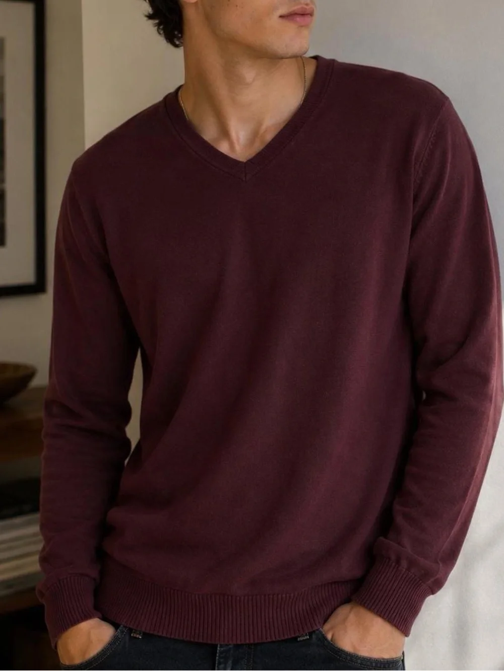 Old Navy Burgundy V-Neck Cotton Sweater Men’s Small